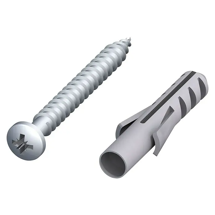 Schrauben- & Dübel-Set - 16 -tlg. - Eine Schraube mit Kreuzschlitzkopf und ein passender Dübel aus Kunststoff. Beide Artikel sind in silbrigem Grau gehalten.