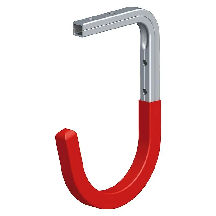 Wandhaken Typ 8 Rot - L x H: 165 x 100 mm, Belastbarkeit: 30 kg - Nahaufnahme eines roten und silbernen Wandhaken. Der Haken ist J-förmig und zum Aufhängen von Gegenständen konzipiert.