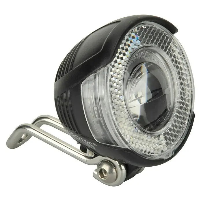 Busch+Müller LED-Frontleuchte LUMOTEC LYT - Beleuchtungsstärke: 25 lx, Geeignet für: Nabendynamos - Nahaufnahme einer BUMM Lumotec IQ-XS Fahrradlampe mit Halterung, die eine optimale Beleuchtung für sichere Fahrten bietet.