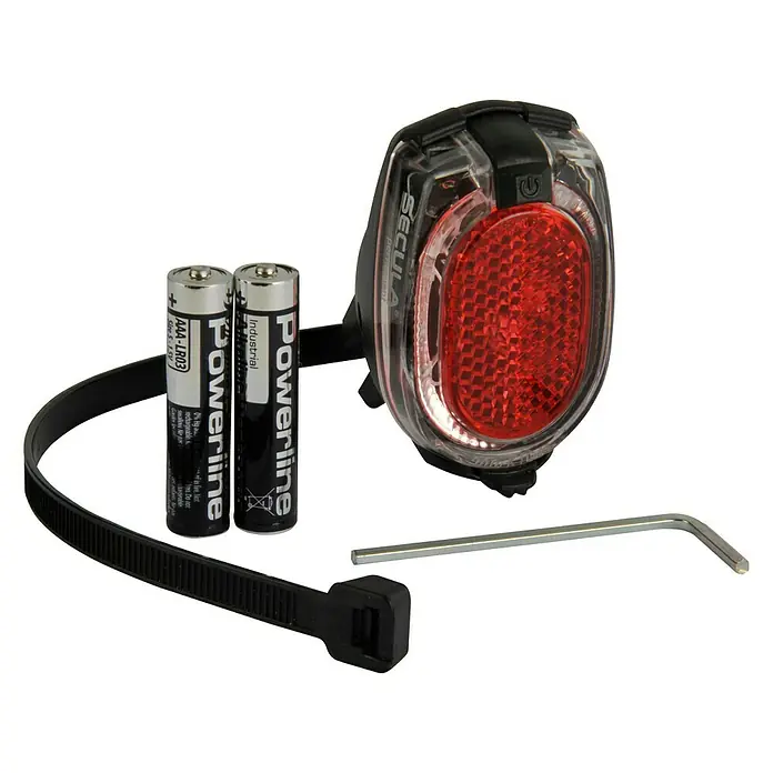 Busch+Müller LED-Rücklicht Secula Permanent - Leuchtdauer: 20 h - Abbildung eines Secula Fahrradrücklichts mit Batterien, Kabelbinder und Inbusschlüssel, ideal für erhöhte Sicherheit im Straßenverkehr.