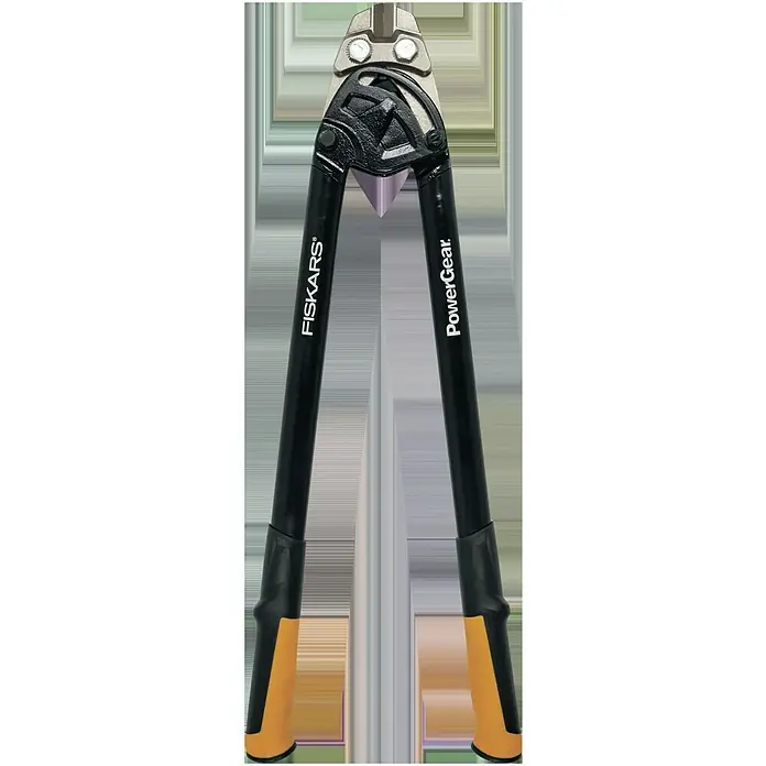 Fiskars PowerGear Bolzenschneider - Länge: 61 cm - Nahaufnahme einer Fiskars PowerGear Astschere mit schwarzen Griffen und gelben Akzenten, ideal zum Schneiden dicker Äste.