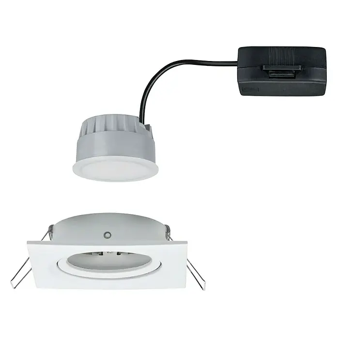 Paulmann LED-Einbauleuchte Nova - 6,5 W, L x B x H: 8,4 x 8,4 x 4,5 cm, Weiß, Warmweiß - Abbildung eines LED-Einbaustrahlers mit quadratischer Blende, bestehend aus Leuchte, Lampenkopf und Treiber für eine moderne Beleuchtung.