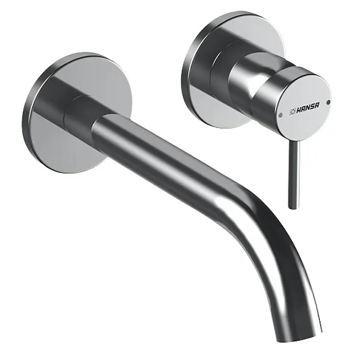 Hansa Public Waschtischarmatur - Wandmontage, Chrom, Glänzend, Ausladung Armatur: 300 mm - Nahaufnahme einer modernen, wandmontierten Hansa Armatur in Chrom. Elegantes Design für Badezimmer.