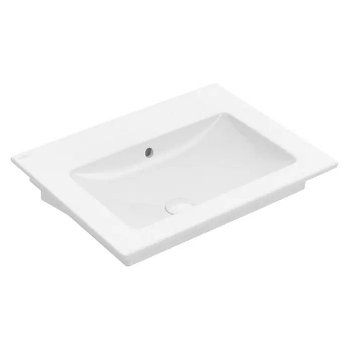 Villeroy & Boch Venticello Waschtisch - 65 x 50 cm, Mit schmutzabweisender Glasur, Hahnloch: Ohne, Mit Überlauf, Weiß - Auf dem Bild ist ein weißes Aufsatzwaschbecken zu sehen. Das Waschbecken hat eine rechteckige Form und ein modernes Design für Badezimmer.