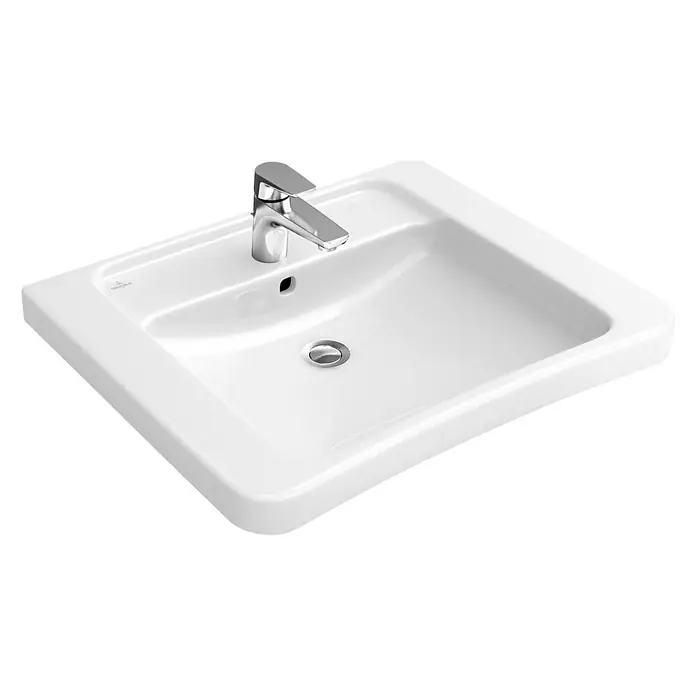 Villeroy & Boch Vita Omnia Architectura Waschtisch - 65 x 55 cm, Mit schmutzabweisender Glasur, Hahnloch: Mitte, Ohne Überlauf, Weiß - Das Bild zeigt ein elegantes, weißes Waschbecken mit einer modernen Armatur, ideal für jedes Badezimmerdesign.