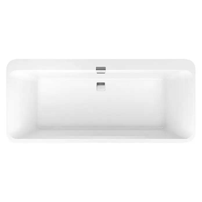 Villeroy & Boch Badewanne Squaro Edge 12 - 180 x 80 cm, Quaryl, Weiß, Abgerundete Form - Draufsicht auf eine rechteckige, moderne Badewanne in Weiß mit integrierter Armatur. Die Wanne hat abgerundete Ecken und ein minimalistisches Design.
