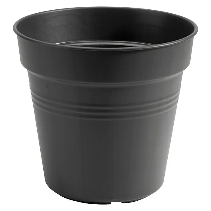 Elho Green Basics Maceta para planta - Diámetro exterior máx.: 13 cm, Plástico, Negro - Un primer plano de una maceta de plástico negra con formas redondeadas y un acabado ligeramente brillante, ideal para plantas de interior o exterior.