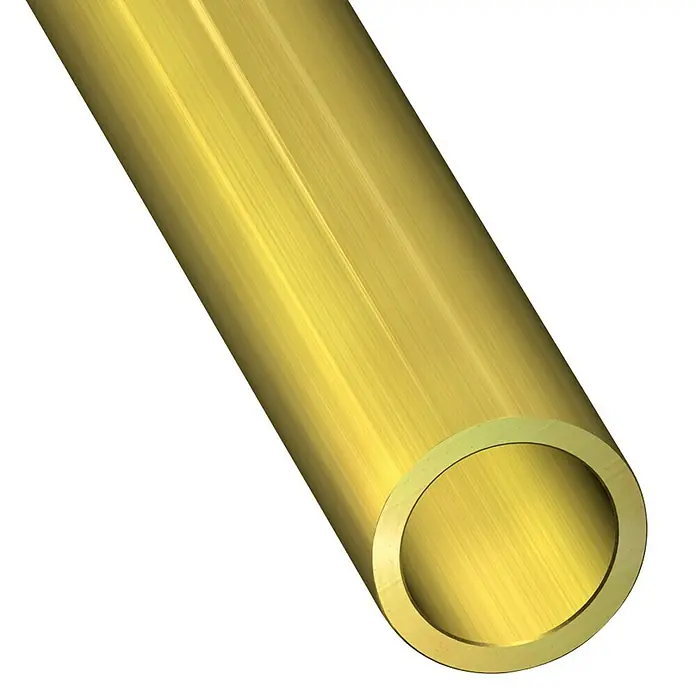 Kantoflex Tubo redondo - Ø x L: 2 x 1.000 mm, Espesor: 0,3 mm, Latón - Primer plano de un tubo de latón dorado brillante. Ideal para proyectos de fontanería y construcción que requieren materiales de alta calidad.