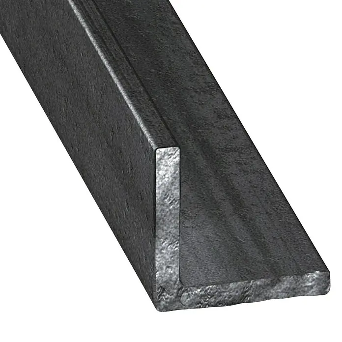 Kantoflex Perfil angular - 1.000 x 20 x 20 mm, Espesor: 3 mm, Acero, Acero gris - Primer plano de un perfil de acero en forma de U, utilizado en la construcción para dar estabilidad y soporte.