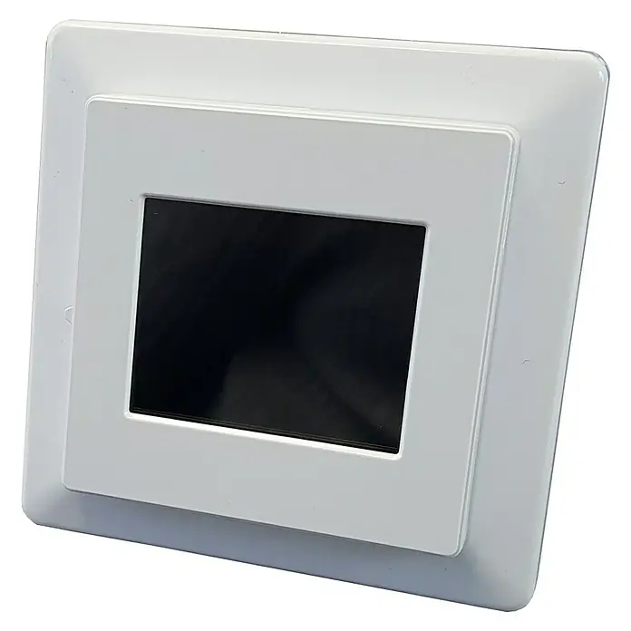 Thermostatkopf Smart Home E-Power WLAN - Weiß - Weißer digitaler Bilderrahmen mit dunklem Bildschirm, ideal zur Präsentation von Fotos und Erinnerungen im modernen Stil.