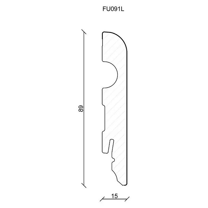 Rodapié - 240 cm x 15 mm x 90 mm, MDF, Lámina - Imagen de un perfil FU091L, que mide 89 mm de altura y 15 mm de ancho, ideal para el acabado interior y para revestir suelos y paredes.