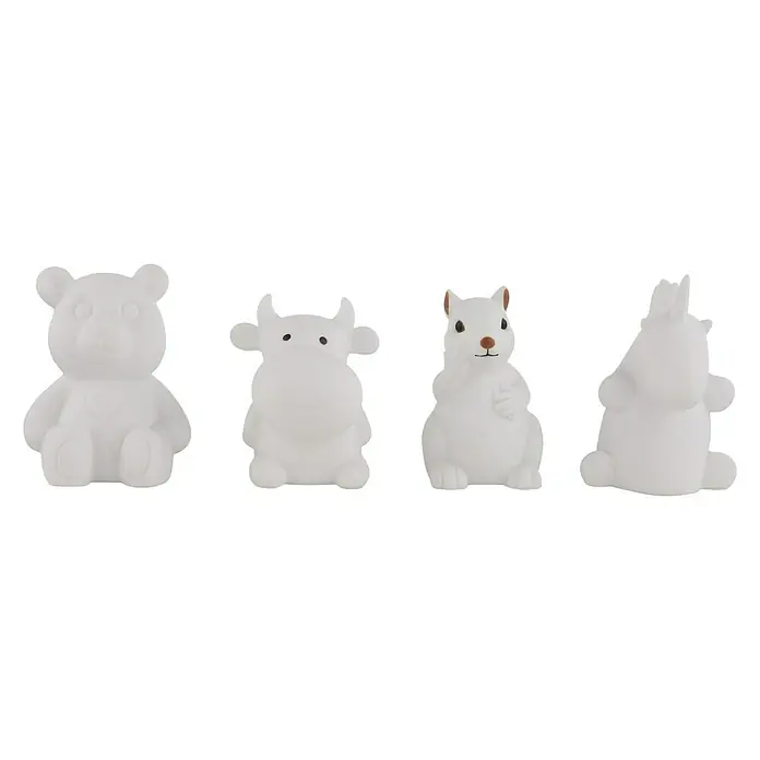 Globo Dekoleuchte Kraka - Weiß, L x B x H: 8 x 10 x 11 cm - Vier weiße Tierfiguren (Bär, Kuh, Eichhörnchen, Einhorn) auf schwarzem Hintergrund. Ideal als dekorative Elemente.