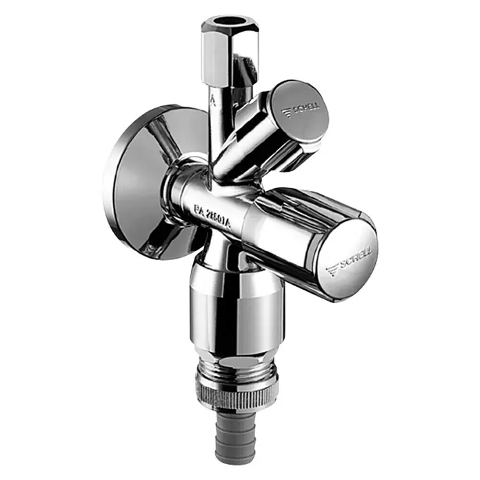 Schell Geräteventil - ½″, Rohrbelüfter, Mit Sicherungseinrichtung - Ein glänzendes Eckventil von Schell mit zwei Griffen zur präzisen Steuerung von Wasserflüssen. Ideal für moderne Badezimmer und Küchen.