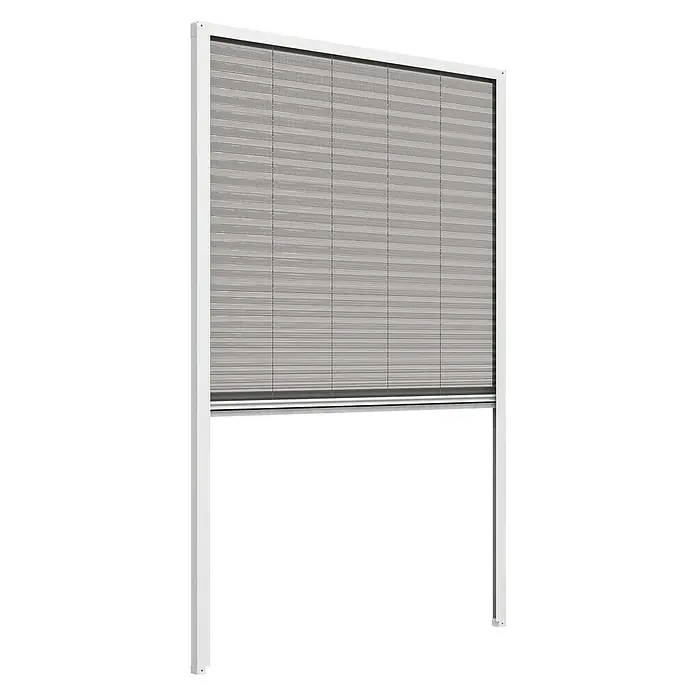 Easy Life Insektenschutz-Dachfensterplissee - B x H: 130 x 160 cm - Das Bild zeigt eine Insektenschutz-Rollotür mit einem weißen Rahmen und einem grauen, feinmaschigen Netz. Das Rollo ist teilweise heruntergelassen.