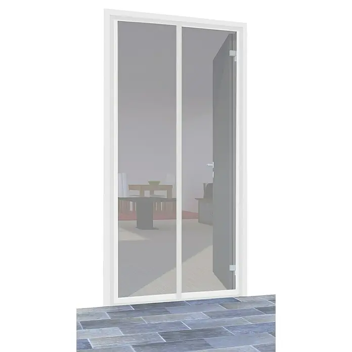 Easy Life Insektenschutzvorhang Premium - B x H: 100 x 220 cm, Weiß, Montage Insektengitter: Magnetisch anheften - Abbildung einer weißen magnetischen Fliegengittertür vor einem teilgeöffneten grauen Eingang.