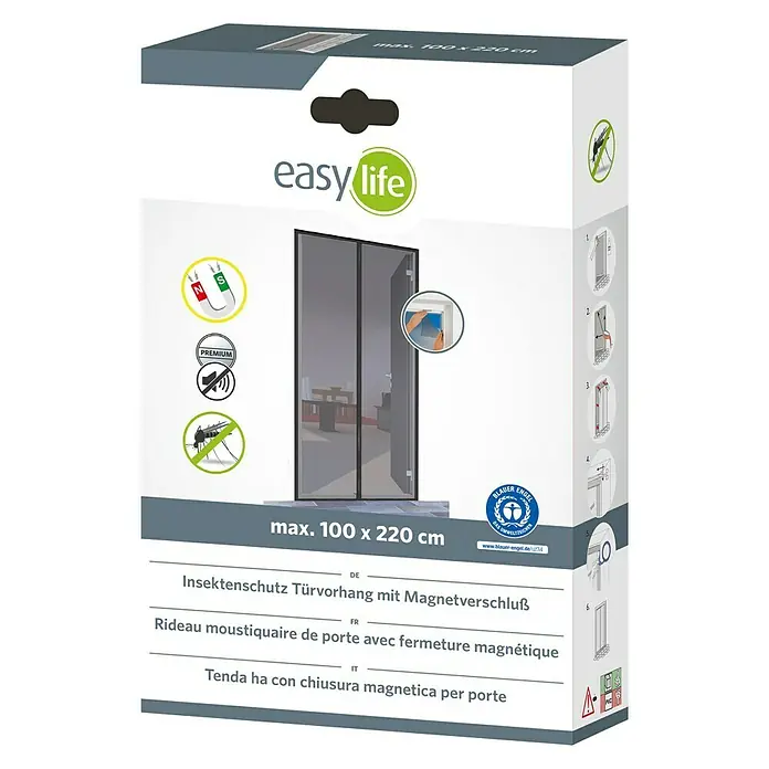 Easy Life Insektenschutzvorhang Premium - B x H: 100 x 220 cm, Anthrazit, Montage Insektengitter: Ankletten - Abbildung einer Verpackung für einen Insektenschutz-Türvorhang mit Magnetverschluss der Marke Easy Life, der bis zu 100 x 220 cm groß ist.
