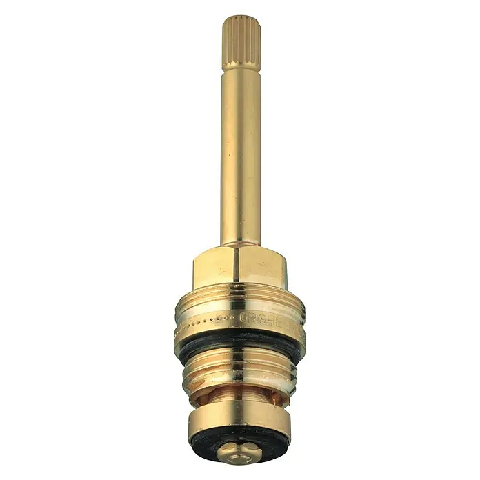 Grohe Oberteil - Anschlussgewinde: ½″, Messing, Gesamtstückzahl: 10 Stk. - Nahaufnahme einer Spindelkartusche für Wasserhähne aus Messing mit gerändeltem Schaft.
