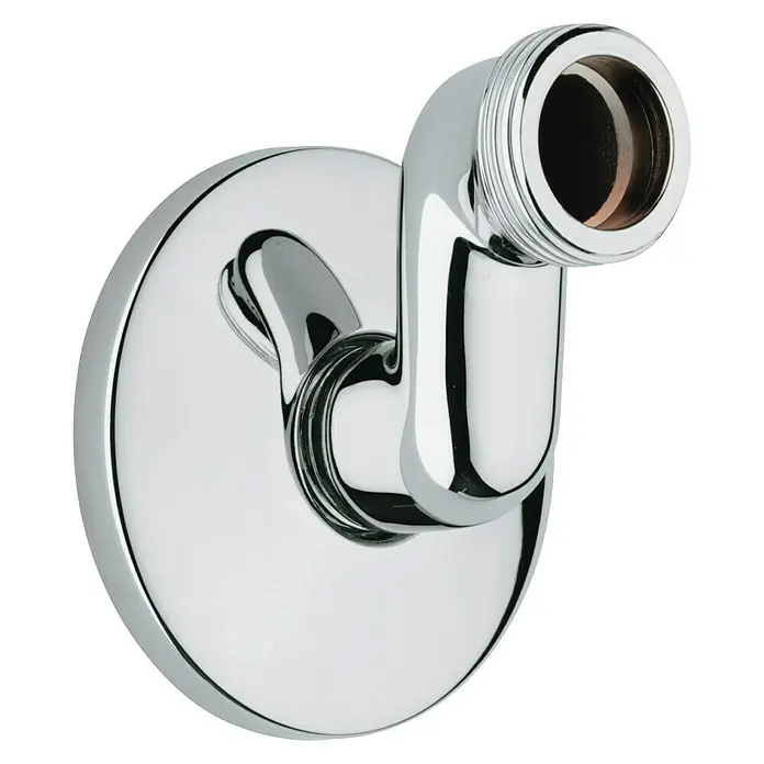 Grohe S-Anschluss - Chrom, Außengewinde: ¾″, Höhe: 3 cm - Nahaufnahme einer glänzenden, verchromten Wandhalterung für einen Duschkopf mit einem runden Sockel und einem gebogenen Auslauf.