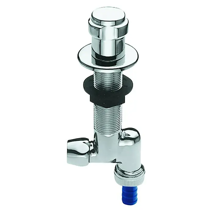 Grohe Untertischventil WAS - ½″, Messing - Nahaufnahme eines glänzenden, verchromten Spültischventils mit schwarzer Dichtung und blauem Anschlussstück.