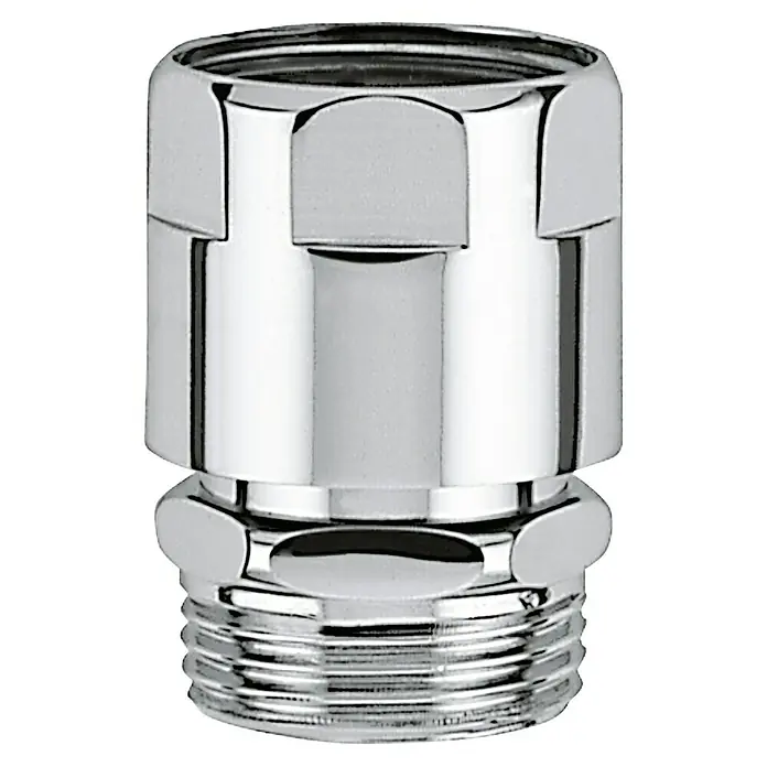 Grohe Rohrbelüfter - ¾″, Chrom, Höhe: 4,5 cm - Detailaufnahme eines glänzenden, verchromten Wasserhahnanschlusses mit Gewinde, ideal für Sanitärinstallationen und Reparaturen.