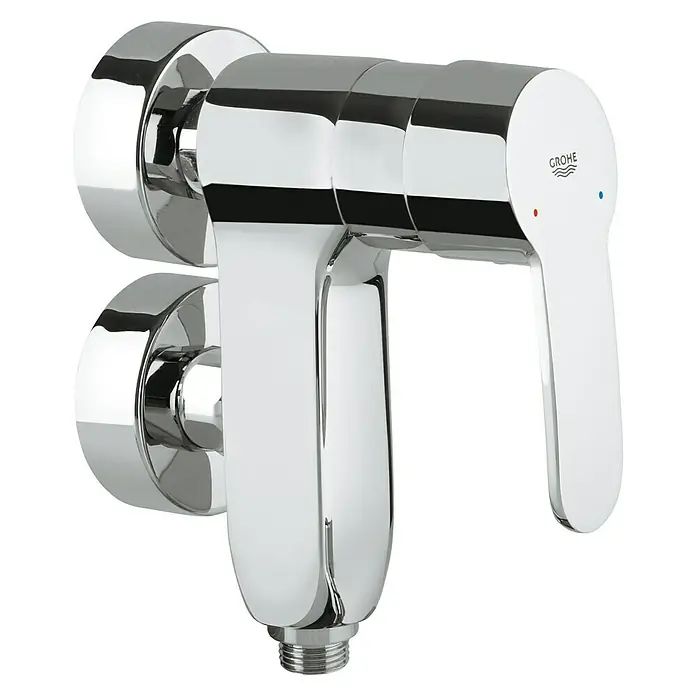 Grohe Eurostyle Cosmopolitan Brausearmatur Vertica - Chrom, Glänzend - Nahaufnahme einer glänzenden Grohe Armatur mit einem eleganten Hebel und klaren, modernen Designelementen.