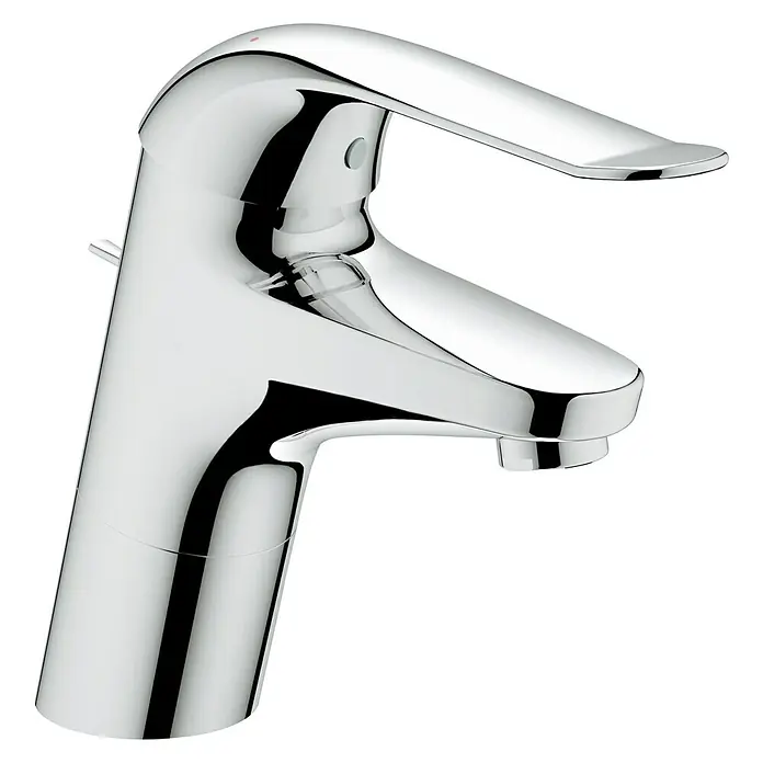 Grohe Euroeco Special Waschtischarmatur groß - Chrom, Glänzend, Mit Zugstange - Nahaufnahme einer glänzenden, modernen Waschtischarmatur in Chromoptik vor schwarzem Hintergrund. Der Fokus liegt auf dem eleganten Design.