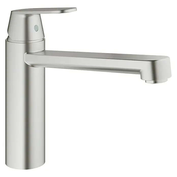 Grohe Eurosmart Cosmopolitan Spültischarmatur - Supersteel, Matt - Ein moderner, silberfarbener Wasserhahn mit minimalistischem Design und einem eleganten, rechteckigen Auslauf für stilvolle Badezimmer.