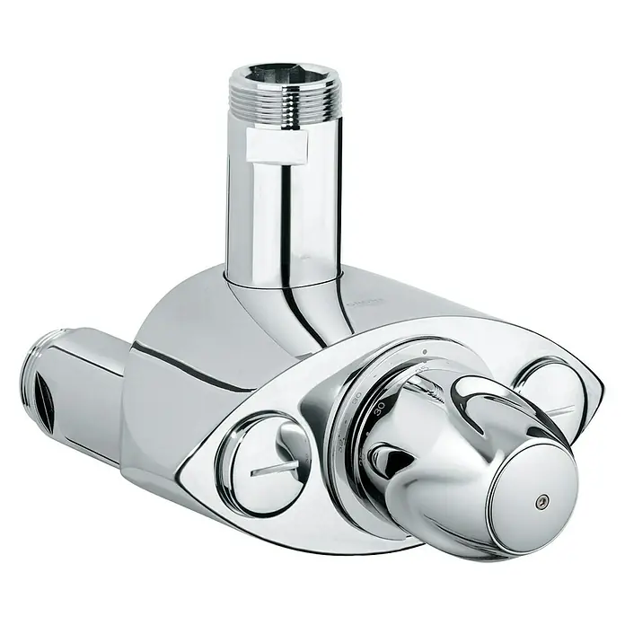 Grohe Thermostat-Ventilunterteil Grohtherm XL - Anschlussgewinde: 1 ¼'″, Chrom - Nahaufnahme einer Grohe Thermostat-Brausebatterie in glänzendem Chrom-Finish, die Qualität und modernes Design vereint.