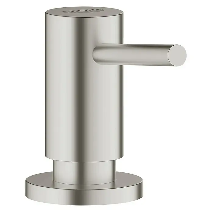 Grohe Seifenspenderpumpe Cosmopolitan - Supersteel - Nahaufnahme eines Spenders für Flüssigseife von GROHE in gebürstetem Nickel mit klaren, zylindrischen Formen und minimalistischem Design.