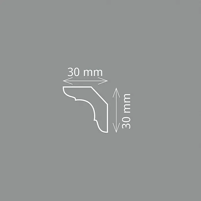 Zierprofil Modern E 15 - 2 Stk., 2 m x 3 cm x 3 cm, XPS-Hartschaumplatten - Abbildung eines Zierprofils mit den Maßen 30 x 30 mm, dargestellt in Weiß auf einem grauen Hintergrund. Detailaufnahme des Profils.