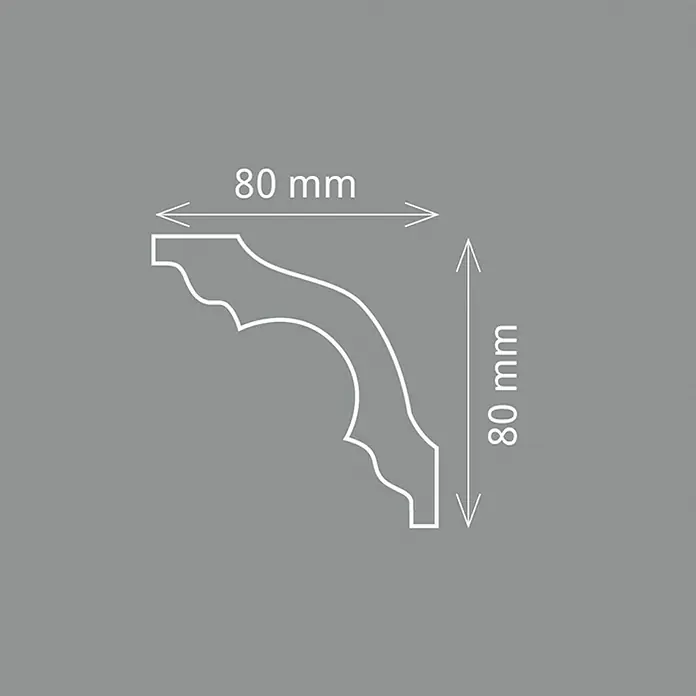 Zierprofil E 12 - 2 m x 80 mm x 8 cm, XPS-Hartschaumplatten - Profilleiste mit den Maßen 80 mm x 80 mm. Das gezeigte Design des Zierprofils ist elegant und ideal für die Raumgestaltung.