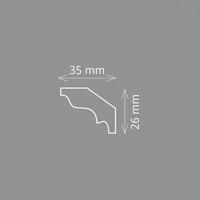 Zierprofil E 22 - 2 m x 3,5 cm x 2,6 cm, XPS-Hartschaumplatten - Skizze eines Zierprofils mit den Maßen 35 mm Breite und 26 mm Höhe, ideal für dekorative Wandgestaltungen.