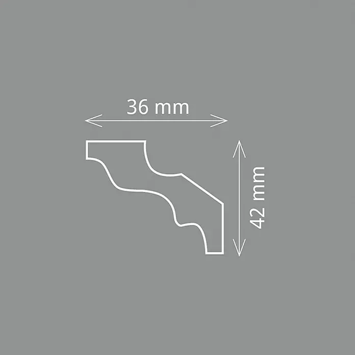 Zierprofil E 23 - 2 m x 3,6 cm x 4,2 cm, XPS-Hartschaumplatten - Abbildung eines Zierprofils mit den Maßen 36 mm Breite und 42 mm Höhe, ideal für die detaillierte Gestaltung von Innenräumen.