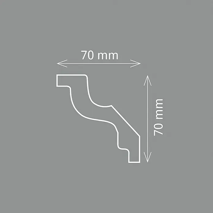 Zierprofil E 24 - 200 cm x 70 mm x 7 cm, XPS-Hartschaumplatten - Profilansicht einer Zierleiste mit den Maßen 70 x 70 mm, ideal für die Gestaltung von Innenräumen und Möbeln.