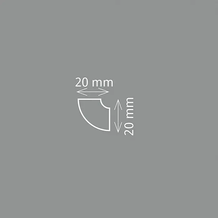 Zierprofil D 20 - 1,5 m x 2 cm x 2 cm, XPS-Hartschaumplatten - Abbildung eines Eckprofils mit den Maßen 20 mm x 20 mm. Ein minimalistisches Design für verschiedene Anwendungen.