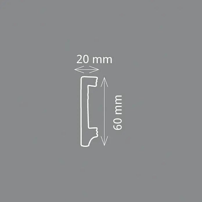 Wandleiste CU - Länge: 200 cm, Weiß - Profilskizze eines Zierprofils mit Abmessungen. Das Profil ist 60 mm hoch und 20 mm breit.