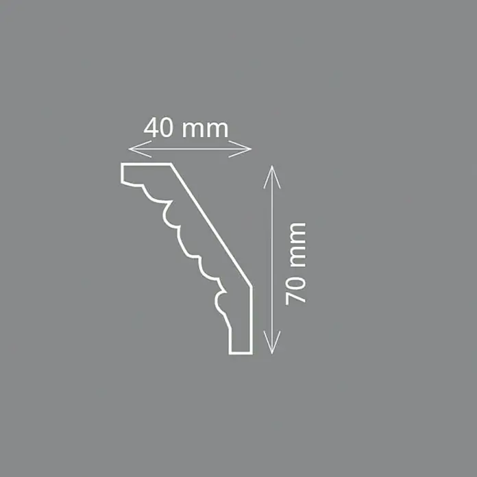 Zierprofil Prestige Anna-F - Länge: 200 m, Weiß - Abmessungen eines Zierprofils mit einer Breite von 40 mm und einer Höhe von 70 mm, dargestellt in einer technischen Zeichnung.