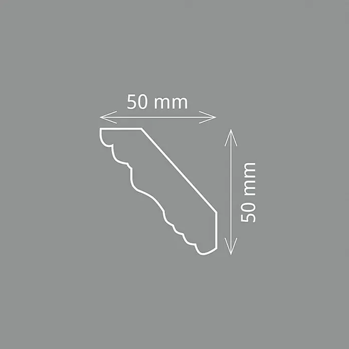 Zierprofil Prestige Laura-F - 200 cm x 50 mm x 5 cm, Expandiertes Polystyrol (EPS) - Abbildung eines Zierprofils mit den Maßen 50 x 50 mm, dargestellt in einer technischen Zeichnung.