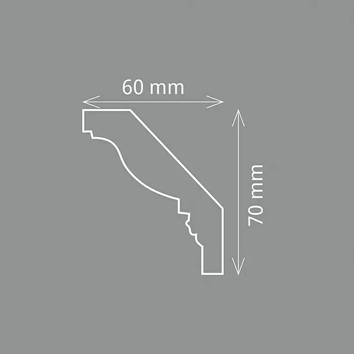 Zierprofil Prestige Vera-F - 200 cm x 60 mm x 7 cm, Expandiertes Polystyrol (EPS) - Abbildung eines Zierprofils mit den Maßen 60 mm Breite und 70 mm Höhe, ideal für Innenausbau und Dekoration, dargestellt in einer technischen Zeichnung.