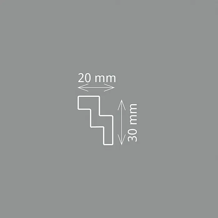 Zierprofil Modern T 30 - 150 x 3 x 3 cm, XPS-Hartschaumplatten - Abbildung eines Profils mit den Maßen 20 mm x 30 mm.