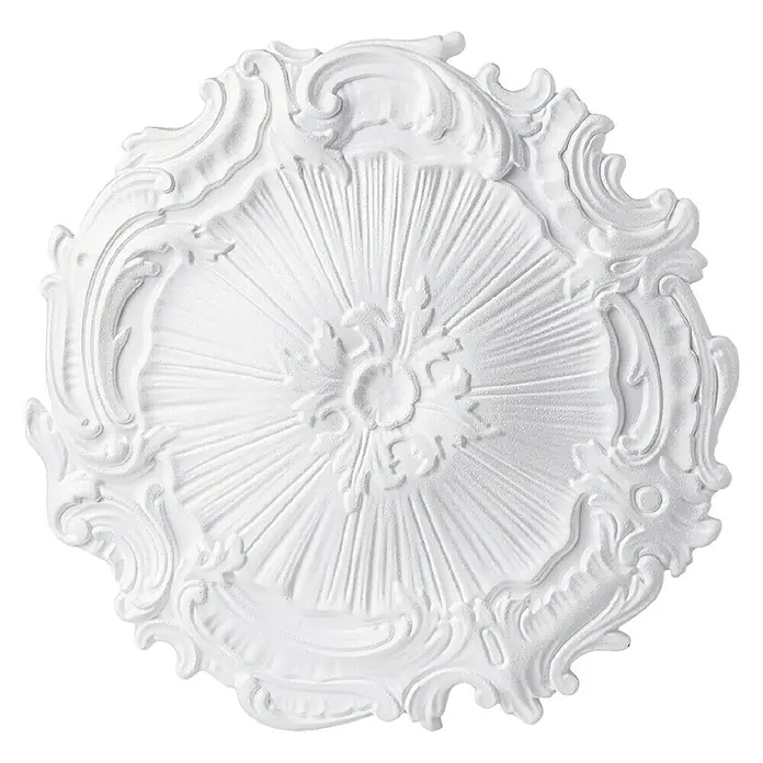 Rosette Classic Style K 13 - Durchmesser: 37 cm, Expandiertes Polystyrol (EPS), Barock, Weiß - Detailaufnahme einer dekorativen, runden Deckenrosette aus Gips mit filigranen Verzierungen und radialem Muster.