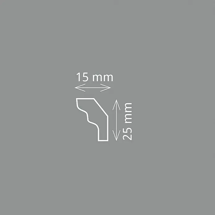 Zierprofil E 1 - 2 m x 15 mm x 2,5 cm, XPS-Hartschaumplatten - Profilleiste mit den Maßen 15 mm breit und 25 mm hoch. Die abgebildete Zierleiste hat ein florales Muster.