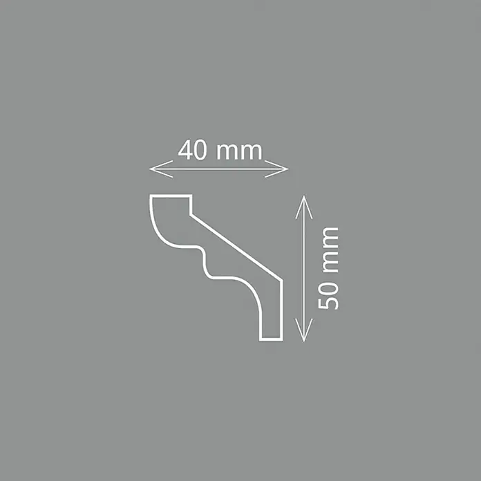 Zierprofil Modern E 6 - 200 cm x 40 mm x 5 cm, XPS-Hartschaumplatten - Profilskizze einer Zierleiste mit den Maßen 40 mm Breite und 50 mm Höhe. Ideal für detaillierte Planungen und architektonische Visualisierungen.