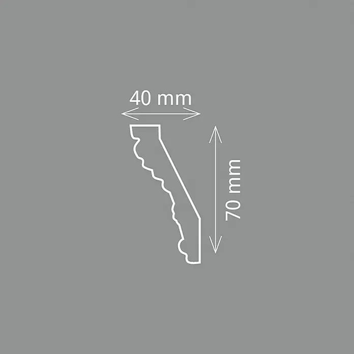 Zierprofil Prestige Tanja-F - 200 cm x 40 mm x 7 cm, Expandiertes Polystyrol (EPS) - Profilschnittzeichnung eines Zierprofils mit den Maßen 40 mm Breite und 70 mm Höhe. Detaillierte Darstellung der Form des Profils.