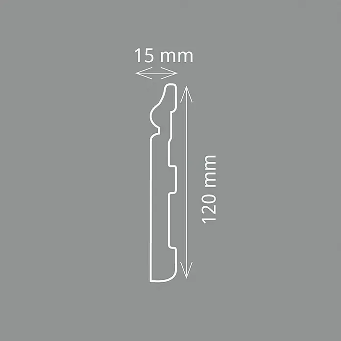 Fußleiste CF 12 - 200 x 1,5 x 12 cm, Weiß, HD Polymer - Profilansicht einer 120 mm hohen und 15 mm breiten Fußleiste mit Abmessungen.