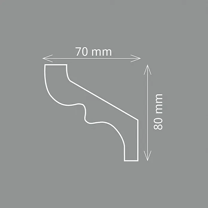 Zierprofil Modern S 80 - 200 x 7 x 8 cm, XPS-Hartschaumplatten - Abbildung eines Zierprofils mit den Maßen 70 mm Breite und 80 mm Höhe auf grauem Hintergrund.