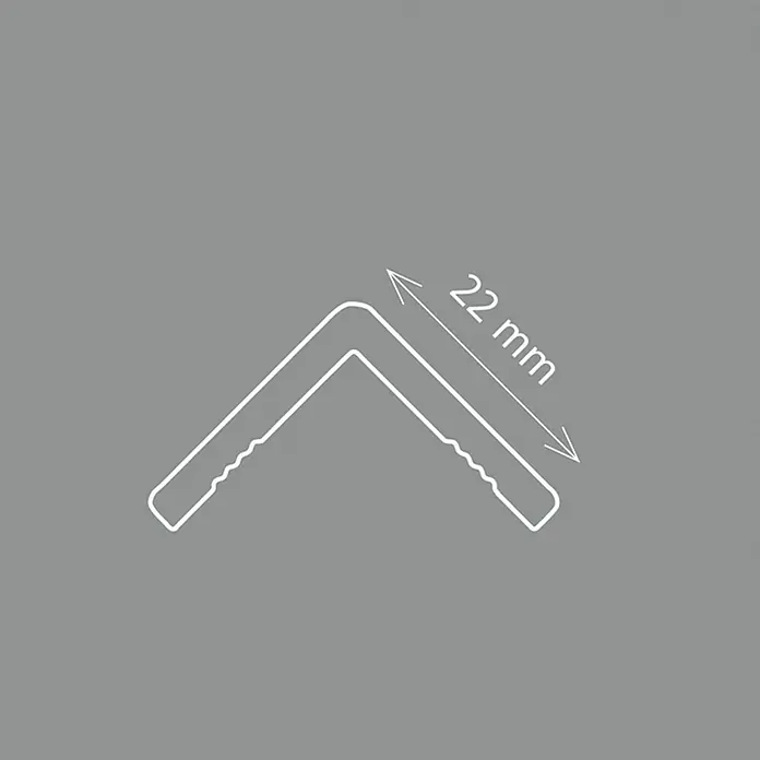Winkelprofil CP 20 - 200 x 2,2 x 2,2 cm, HD Polymer, Weiß - Abbildung eines Winkelprofils mit einer Seitenlänge von 22 mm, dargestellt in einer technischen Zeichnung mit Maßangabe.