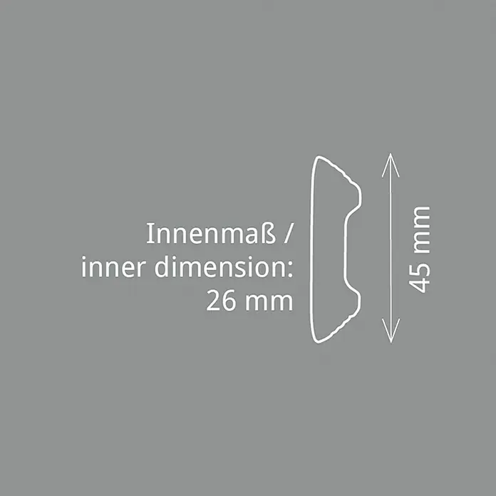Zierprofil Kabelkanal L 45 - 200 x 4,5 x 4,5 cm, XPS-Hartschaumplatten - Profilskizze einer Sockelleiste mit den Maßen 45 mm Höhe und 26 mm Innenmaß, dargestellt in schlichtem Weiß auf grauem Hintergrund.