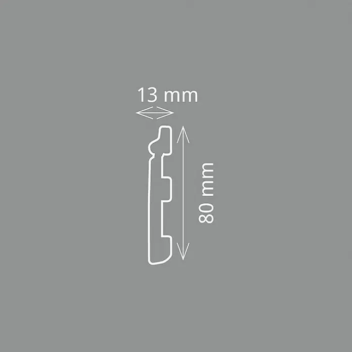 Fußleiste CF 11 - 200 x 1,3 x 8 cm, Weiß, HD Polymer - Das Bild zeigt ein 80 mm hohes und 13 mm breites Sockelleistenprofil in einer technischen Zeichnung.