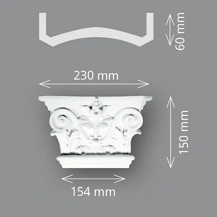 Wandelement Pilaster-Kopf HKP 15 D - 15 x 23 x 6 cm, Expandiertes Polystyrol (EPS) - Produktansicht mit den Maßen 230 mm Breite, 150 mm Höhe und 154 mm Tiefe sowie ein Profil mit 60 mm Höhe.
